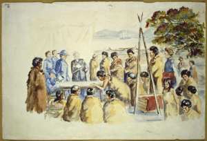 Reconstruction by unknown artist of the Treaty being signed. New Zealand. Department of Maori Affairs. Artist unknown : Ref: A-114-038. Alexander Turnbull Library, Wellington, New Zealand. http://natlib.govt.nz/records/22701985